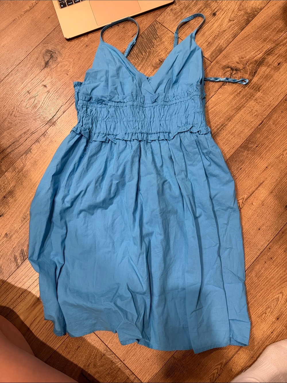 Blue Smocked Waist Spaghetti Strap dress